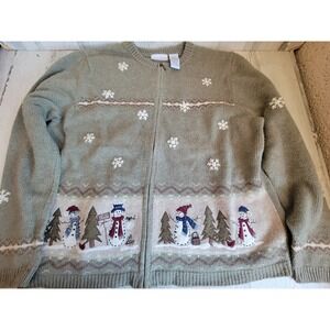 Croft Barrow XL green zip up snowman Xmas woman's cardigan jacket unique